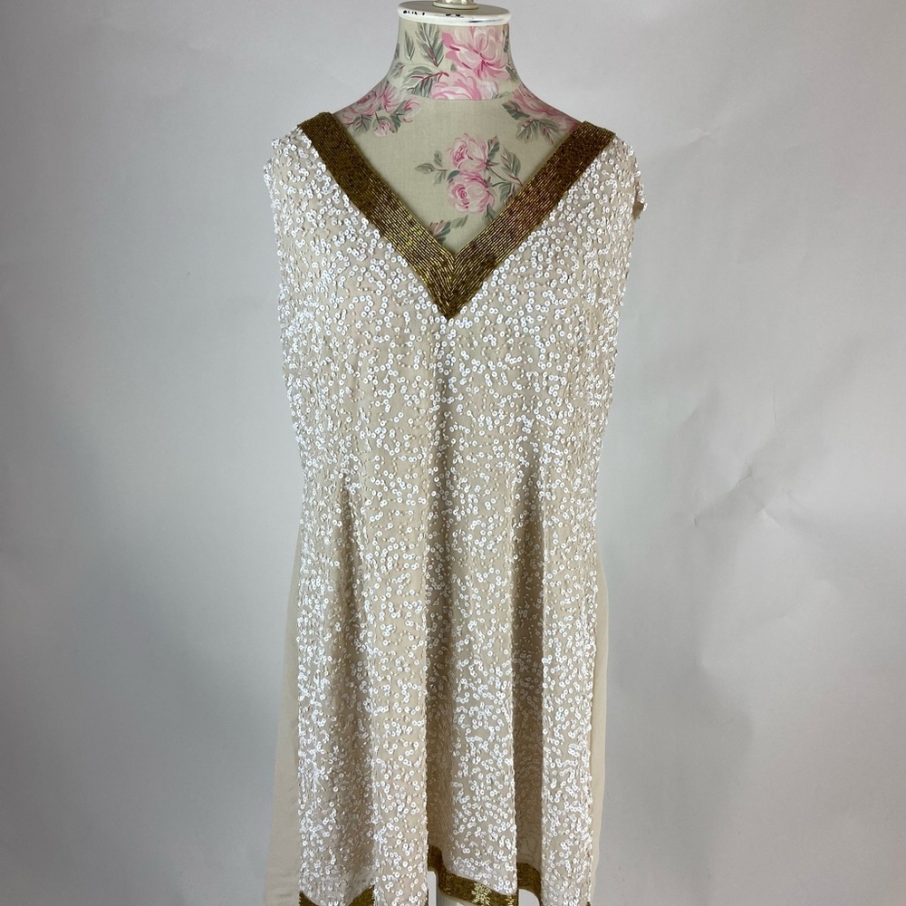 Elegant Cream and Gold V-Neck Dress